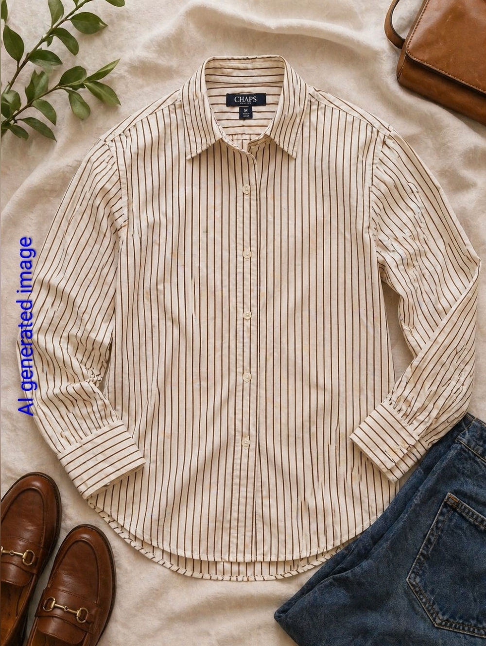 Chaps Cream & Brown Striped Button Down Blouse Size M | Classic Long Sleeves